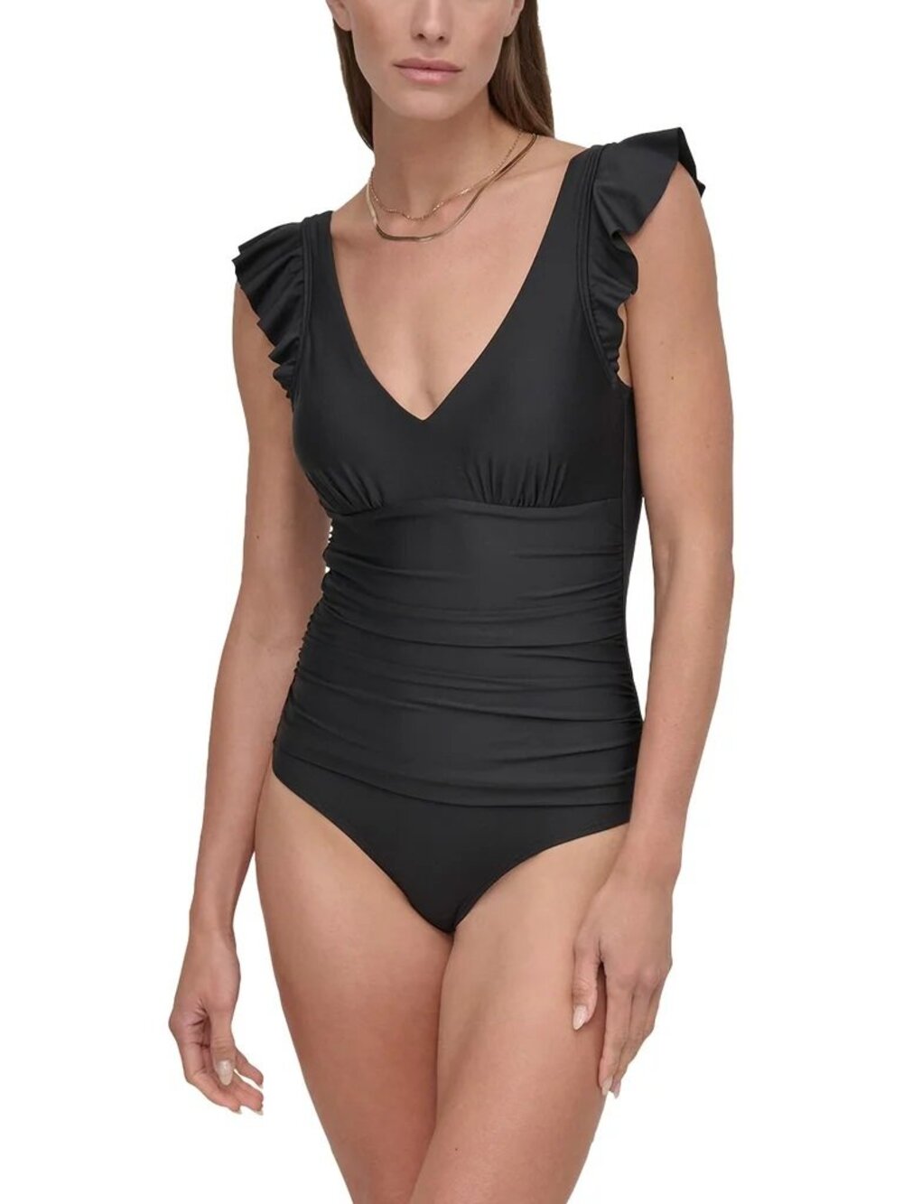 DKNY Women's Ruffle Sleeve One-Piece Swimsuit Black, Size Medium (New)